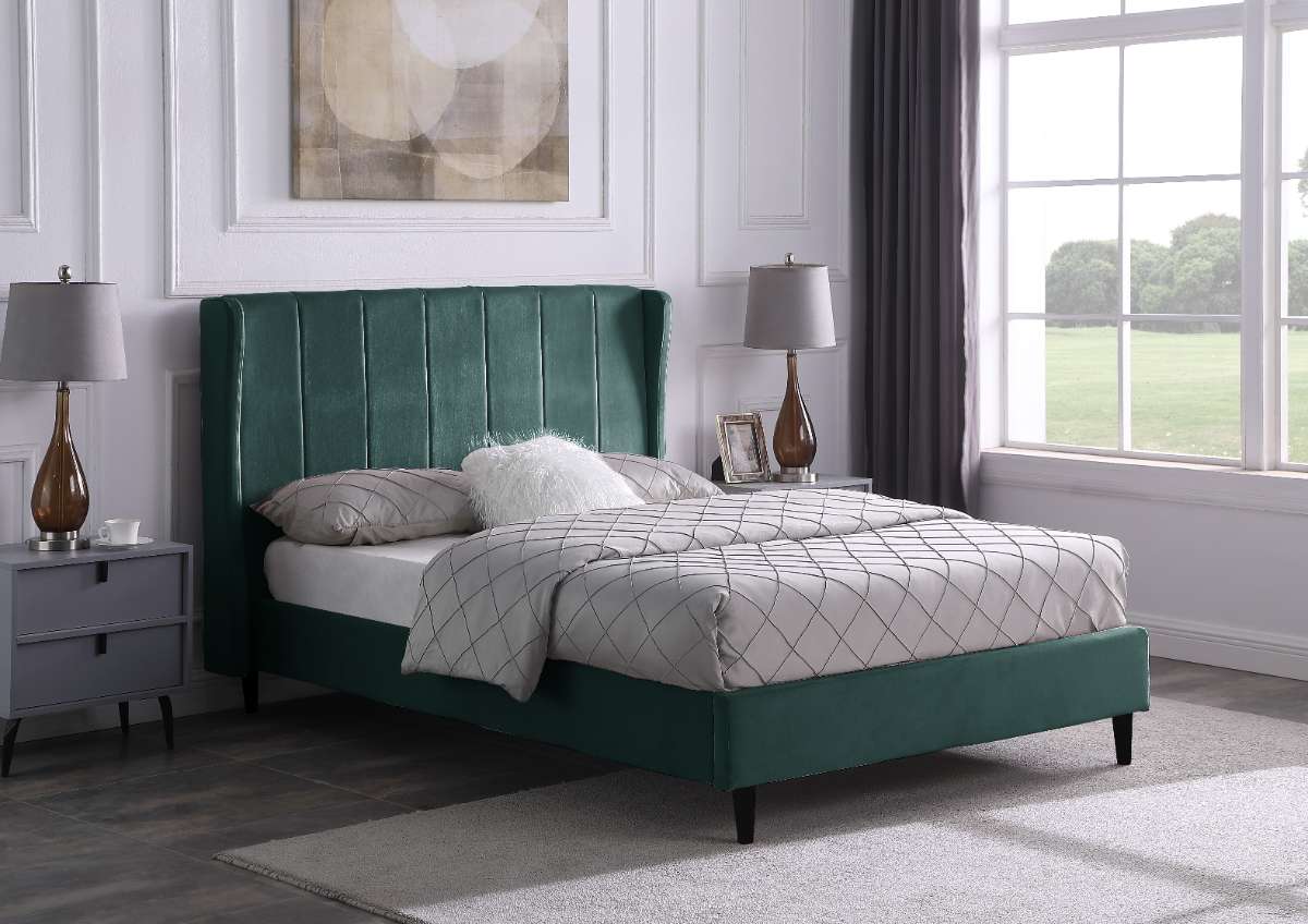 AMELIA 5' King Sized Bed Frame - GREEN VELVET FABRIC