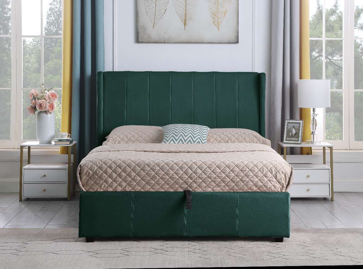 AMELIA PLUS 5' King Sized Storage Bed - GREEN VELVET FABRIC 4