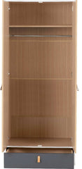 BROOKLYN 2 DOOR 1 DRAWER MIRRORED WARDROBE - OAK EFFECT/GREY