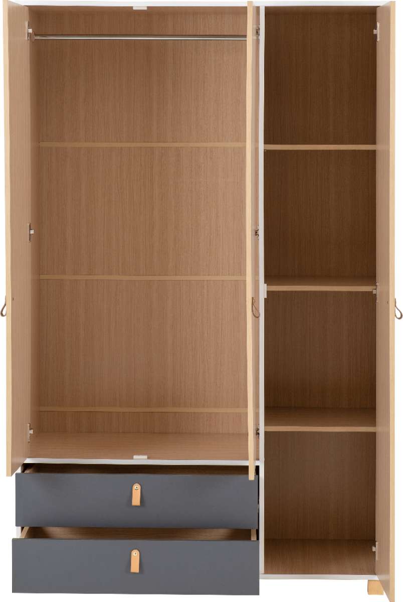 BROOKLYN 3 DOOR 2 DRAWER MIRRORED WARDROBE - OAK EFFECT/GREY