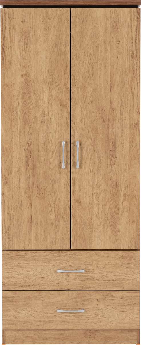 CHARLES 2 DOOR 2 DRAWER WARDROBE - OAK EFFECT VENEER WITH WALNUT TRIM