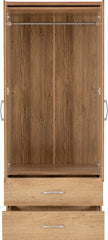 CHARLES 2 DOOR 2 DRAWER WARDROBE - OAK EFFECT VENEER WITH WALNUT TRIM