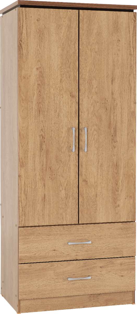 CHARLES 2 DOOR 2 DRAWER WARDROBE - OAK EFFECT VENEER WITH WALNUT TRIM