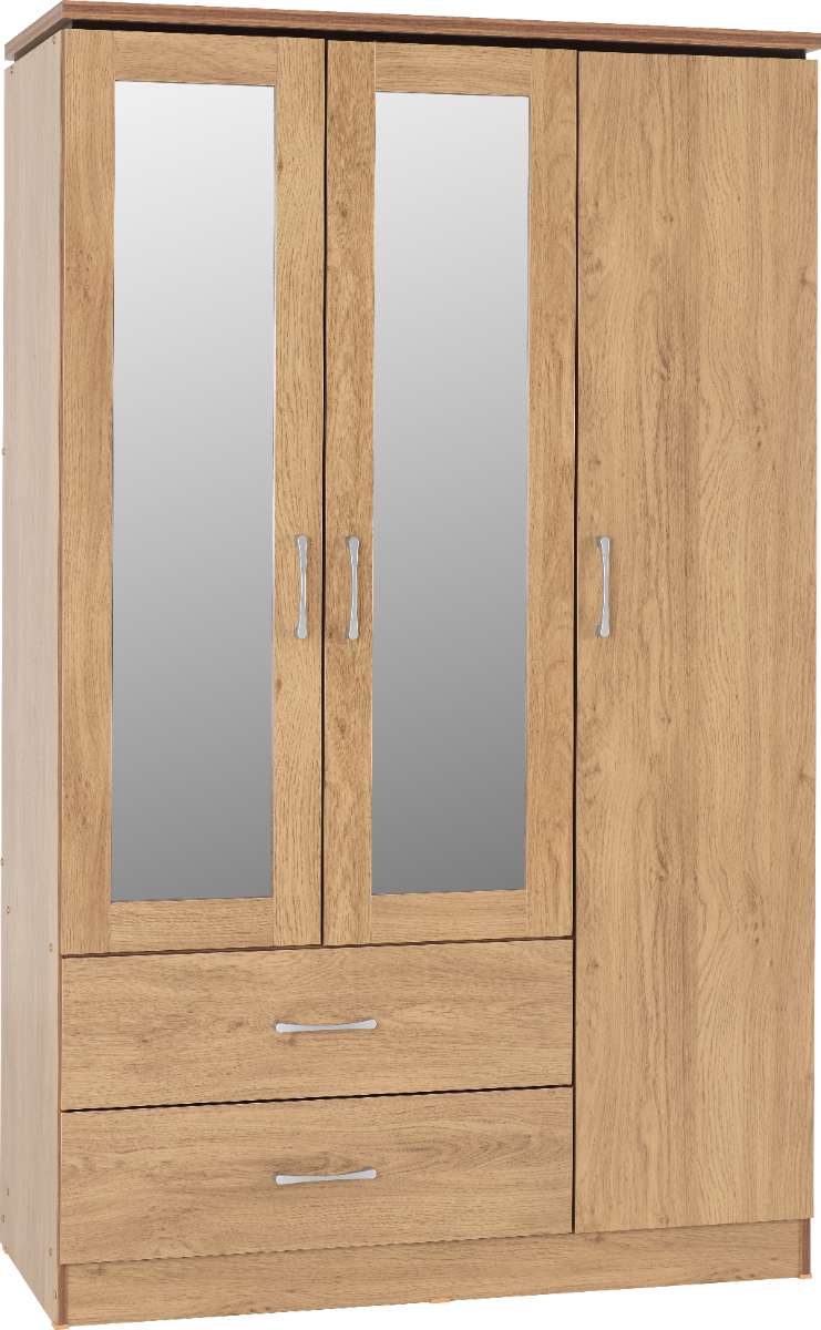 CHARLES 3 DOOR 2 DRAWER MIRRORED WARDROBE - OAK EFFECT VENEER WITH WALNUT TRIM