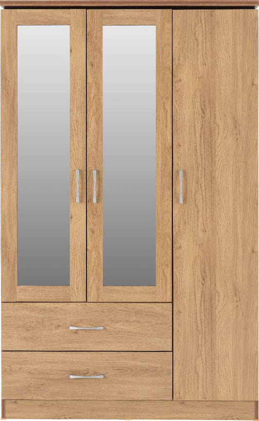 CHARLES 3 DOOR 2 DRAWER MIRRORED WARDROBE - OAK EFFECT VENEER WITH WALNUT TRIM