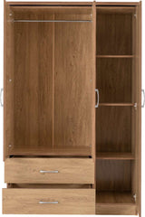 CHARLES 3 DOOR 2 DRAWER MIRRORED WARDROBE - OAK EFFECT VENEER WITH WALNUT TRIM