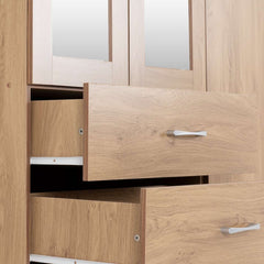 CHARLES 3 DOOR 2 DRAWER MIRRORED WARDROBE - OAK EFFECT VENEER WITH WALNUT TRIM