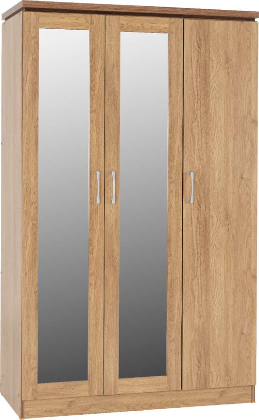 CHARLES 3 DOOR ALL HANGING WARDROBE - OAK EFFECT VENEER WITH WALNUT TRIM