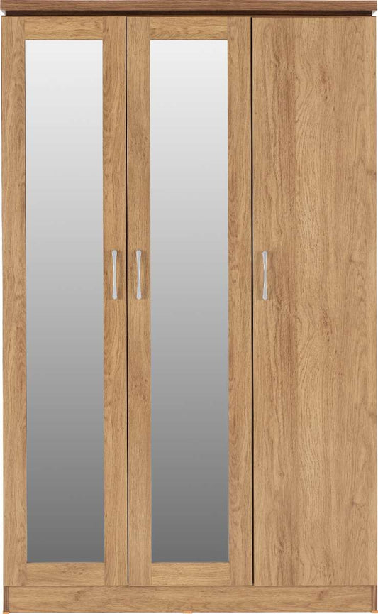 CHARLES 3 DOOR ALL HANGING WARDROBE - OAK EFFECT VENEER WITH WALNUT TRIM