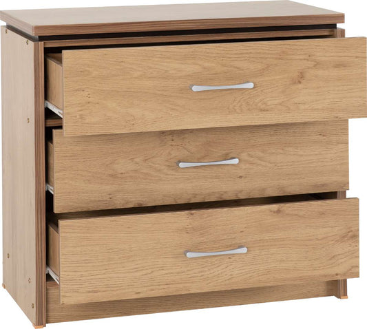 CHARLES 3 DRAWER CHEST - OAK EFFECT VENEER WITH WALNUT TRIM