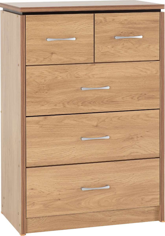 CHARLES 3+2 DRAWER CHEST - OAK EFFECT VENEER WITH WALNUT TRIM