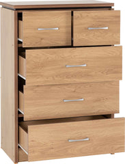 CHARLES 3+2 DRAWER CHEST - OAK EFFECT VENEER WITH WALNUT TRIM