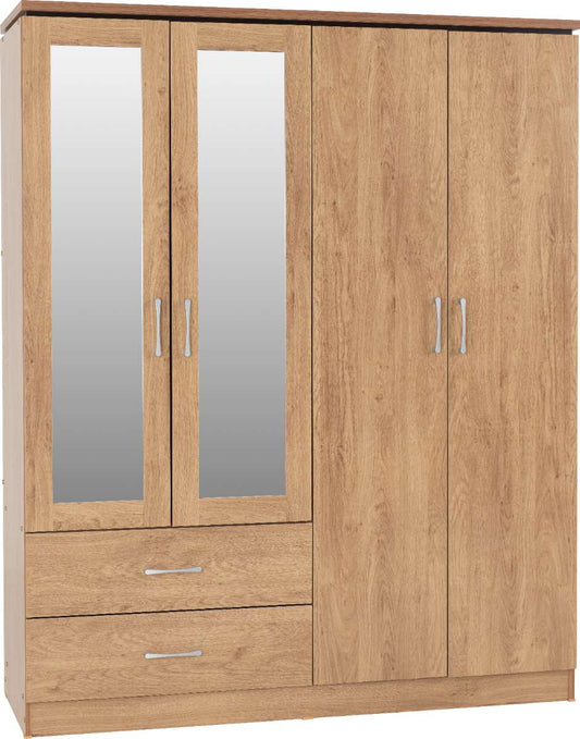 CHARLES 4 DOOR 2 DRAWER MIRRORED WARDROBE - OAK EFFECT VENEER WITH WALNUT TRIM