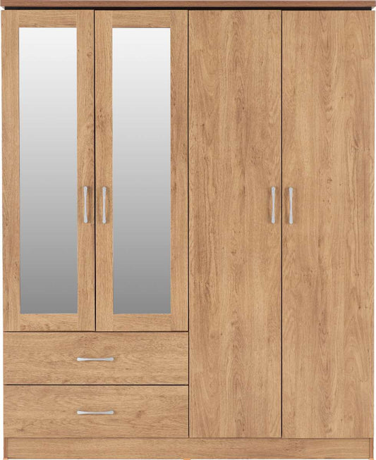 CHARLES 4 DOOR 2 DRAWER MIRRORED WARDROBE - OAK EFFECT VENEER WITH WALNUT TRIM