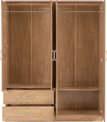 CHARLES 4 DOOR 2 DRAWER MIRRORED WARDROBE - OAK EFFECT VENEER WITH WALNUT TRIM