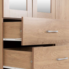 CHARLES 4 DOOR 2 DRAWER MIRRORED WARDROBE - OAK EFFECT VENEER WITH WALNUT TRIM