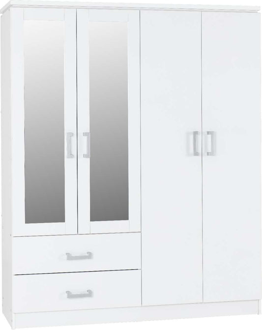 CHARLES 4 DOOR 2 DRAWER MIRRORED WARDROBE - WHITE