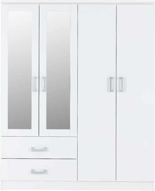 CHARLES 4 DOOR 2 DRAWER MIRRORED WARDROBE - WHITE