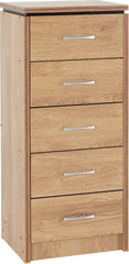 CHARLES 5 DRAWER NARROW CHEST - OAK EFFECT VENEER WITH WALNUT TRIM