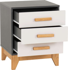 CLEVELAND 3 DRAWER BEDSIDE - WHITE/GREY METAL EFFECT