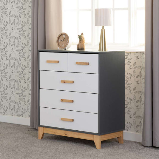 CLEVELAND 3+2 DRAWER CHEST - WHITE/GREY METAL EFFECT