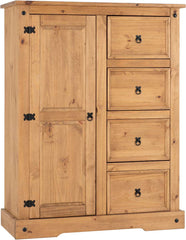 CORONA 1 DOOR 4 DRAWER LOW WARDROBE - DISTRESSED WAXED PINE