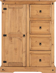 CORONA 1 DOOR 4 DRAWER LOW WARDROBE - DISTRESSED WAXED PINE