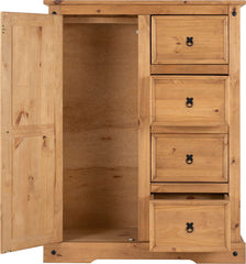 CORONA 1 DOOR 4 DRAWER LOW WARDROBE - DISTRESSED WAXED PINE