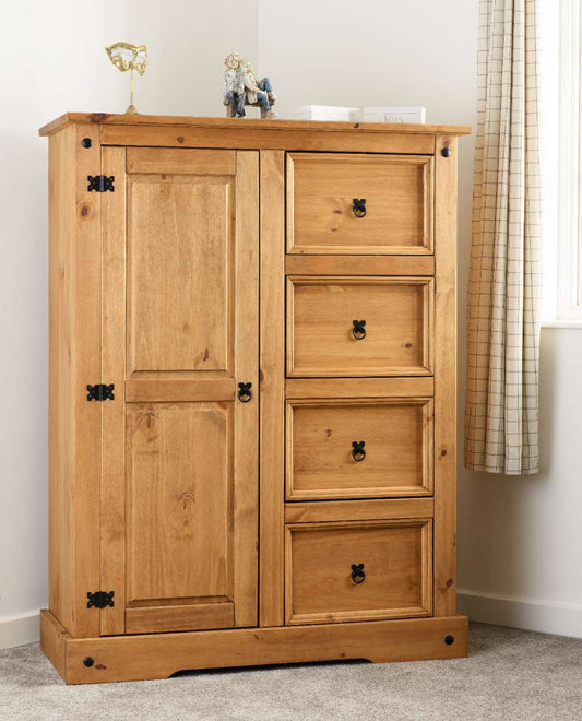 CORONA 1 DOOR 4 DRAWER LOW WARDROBE - DISTRESSED WAXED PINE