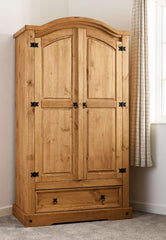 CORONA 2 DOOR 1 DRAWER WARDROBE - DISTRESSED WAXED PINE