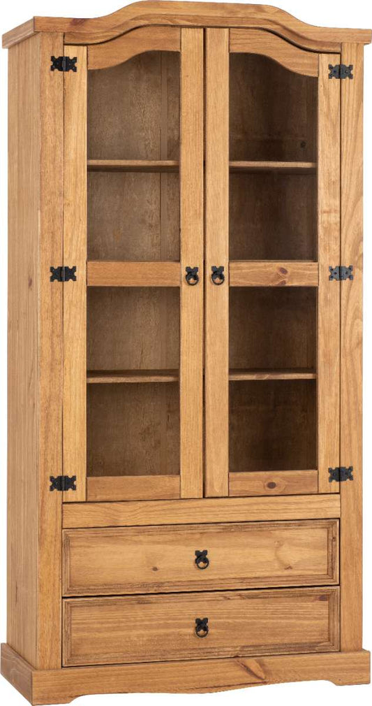 CORONA 2 DOOR 2 DRAWER GLASS DISPLAY UNIT - DISTRESSED WAXED PINE/GLASS