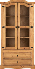 CORONA 2 DOOR 2 DRAWER GLASS DISPLAY UNIT - DISTRESSED WAXED PINE/GLASS