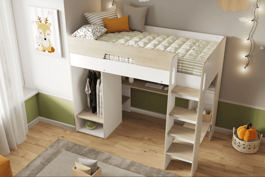 Coco White Wooden High Sleeper Workstation Wardrobe and Desk - Complete Comfort Beds