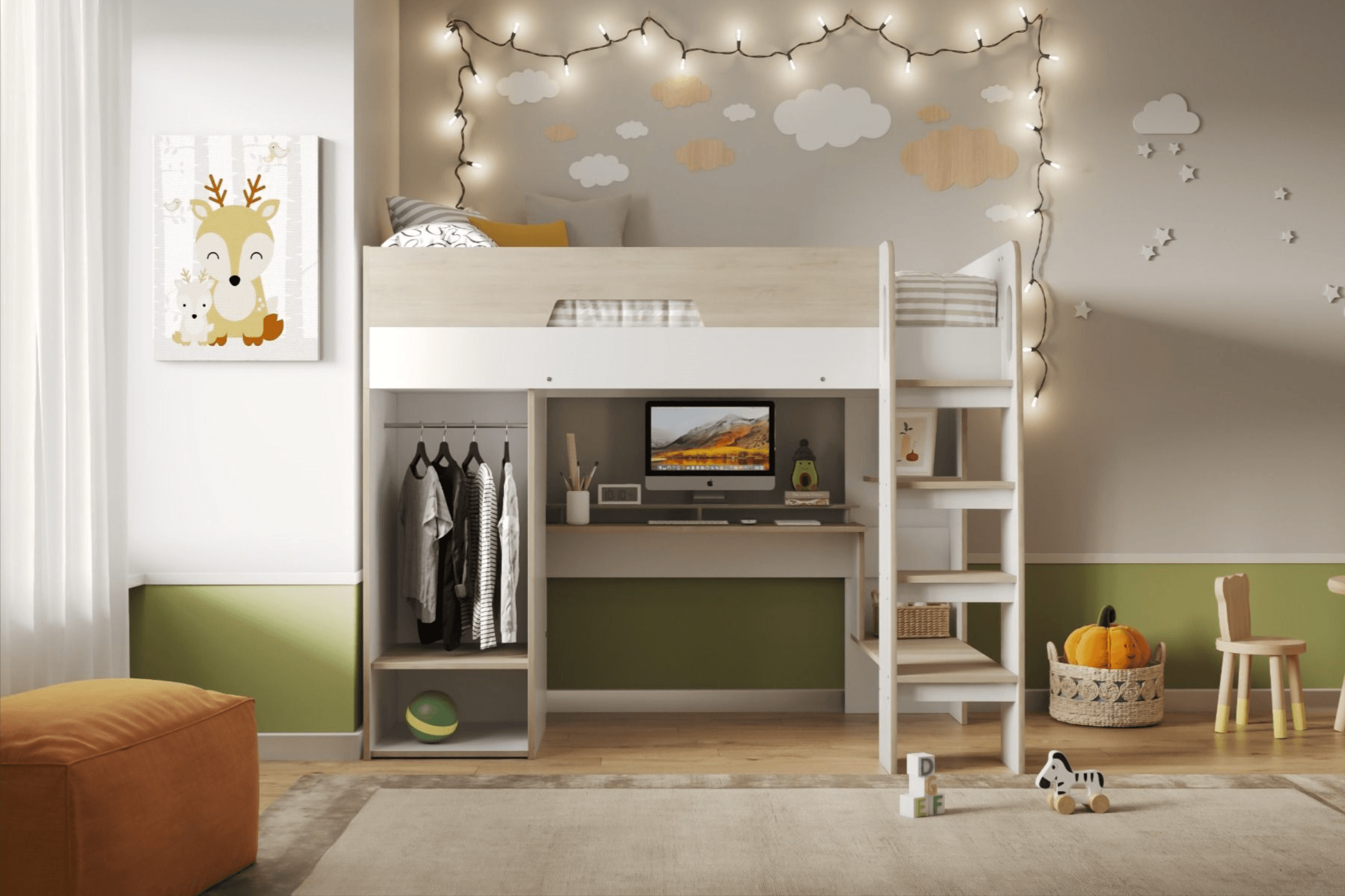 Coco White Wooden High Sleeper Workstation Wardrobe and Desk - Complete Comfort Beds