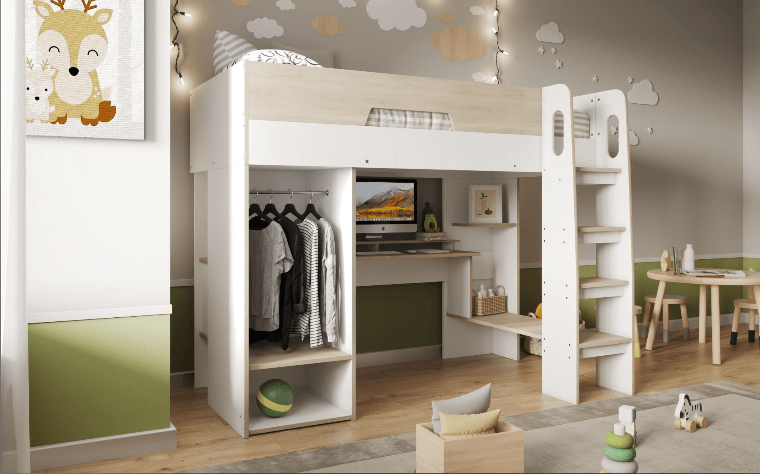 Coco White Wooden High Sleeper Workstation Wardrobe and Desk - Complete Comfort Beds