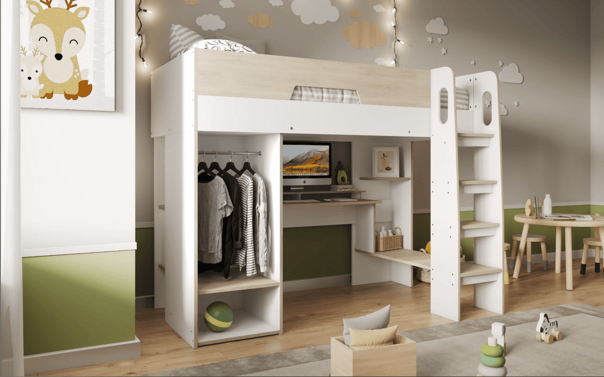 Coco White Wooden High Sleeper Workstation Wardrobe and Desk - Complete Comfort Beds