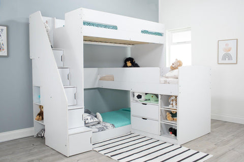 Flair Oscar Staircase Triple Bunk Bed White With Storage - Complete Comfort Beds