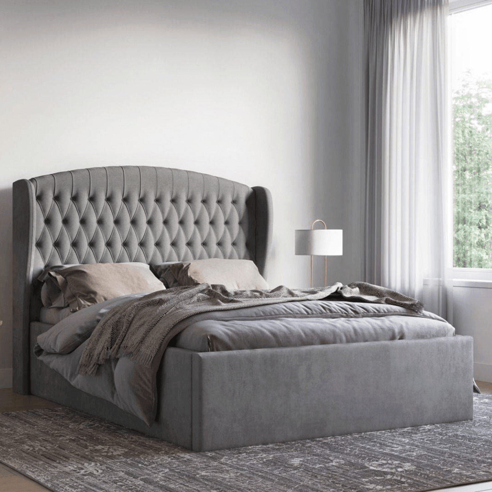 Adelina Winged Velvet Grey Double Bed Frame 4’6