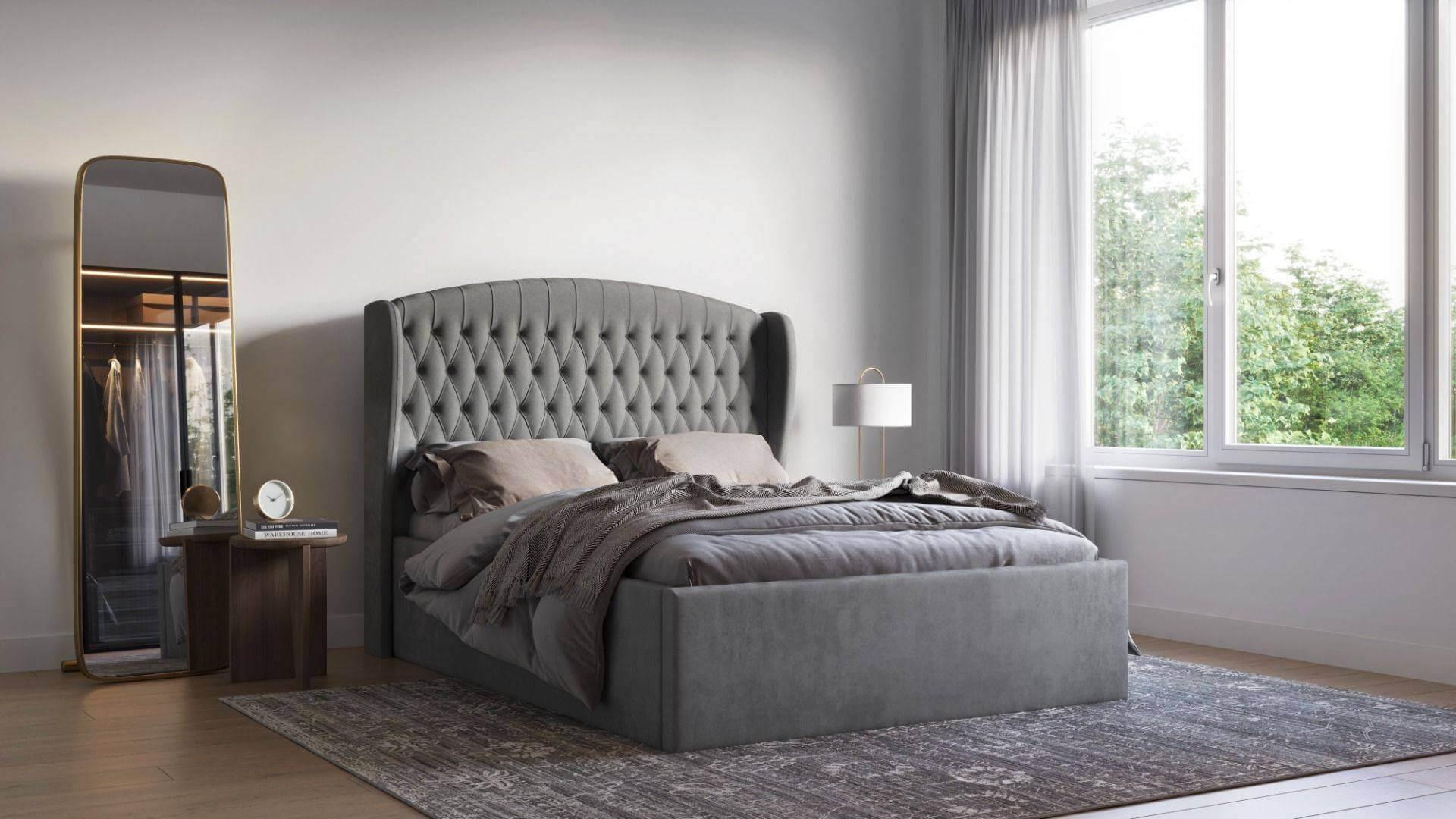 Adelina Winged Velvet Grey Double Bed Frame 2