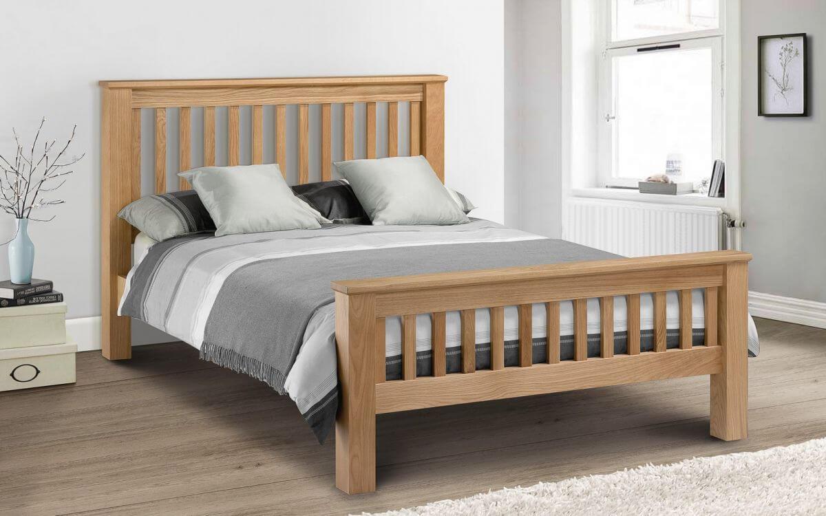 Oak Wooden Double Bed Frame High Foot End