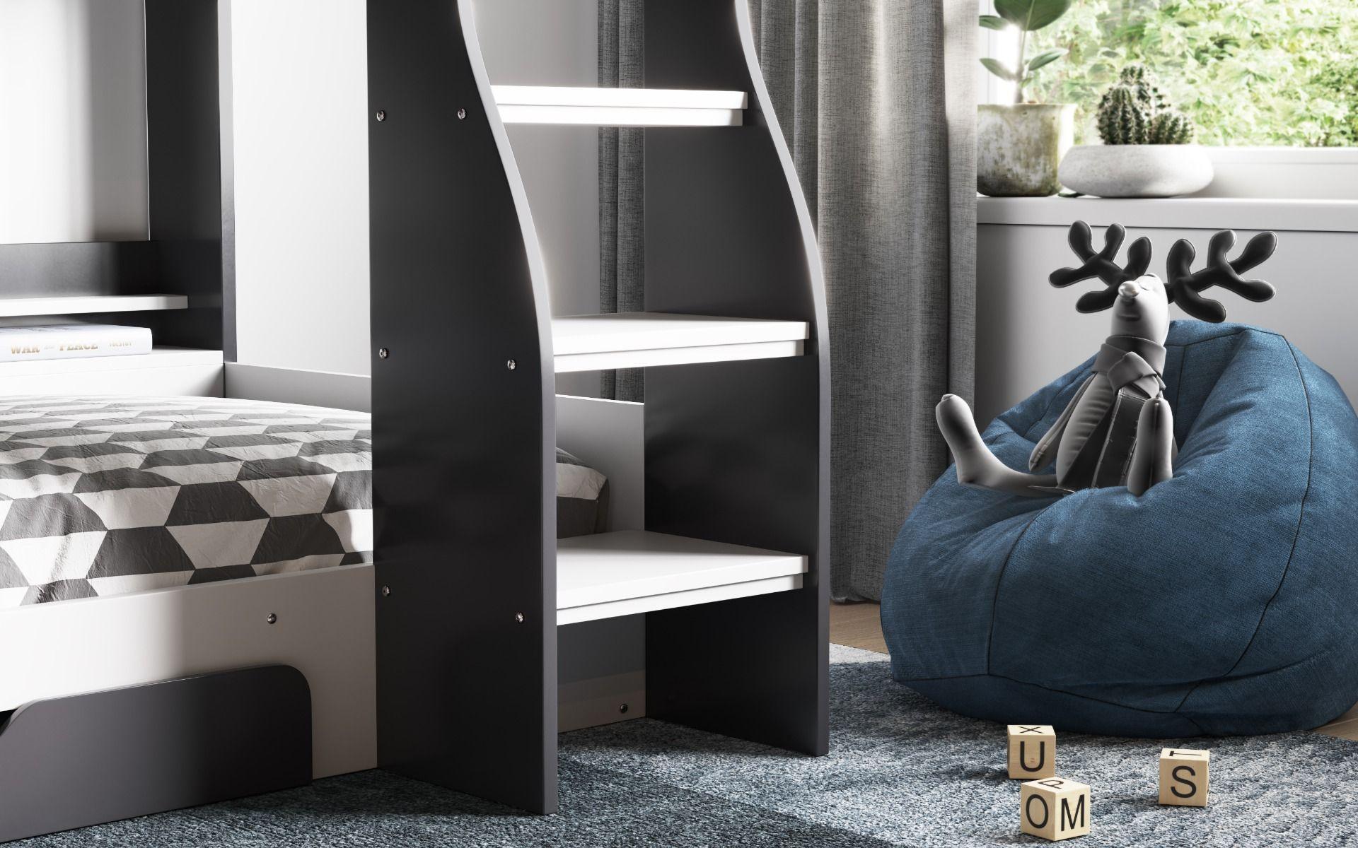 Flick Bunk Bed in Grey with Shelves Storage Black