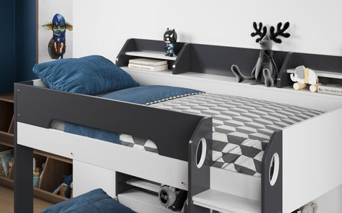 Flick Bunk Bed in Grey with Shelves Storage Shelves