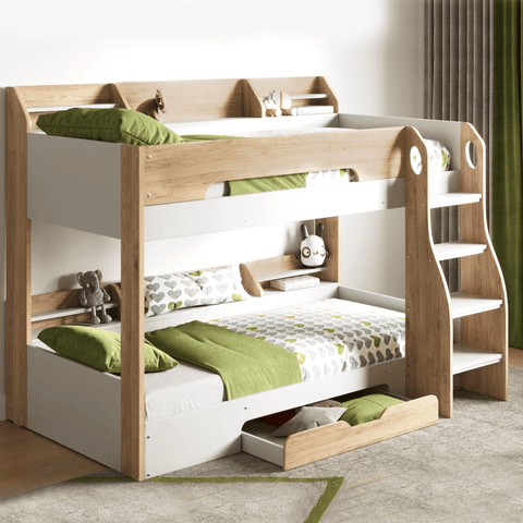 Flick Bunk Bed in Oak with Shelves Storage