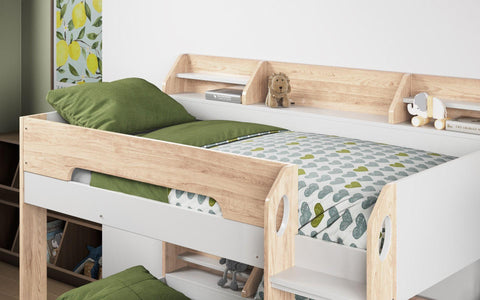 Flick Bunk Bed in Oak with Shelves Storage Rails