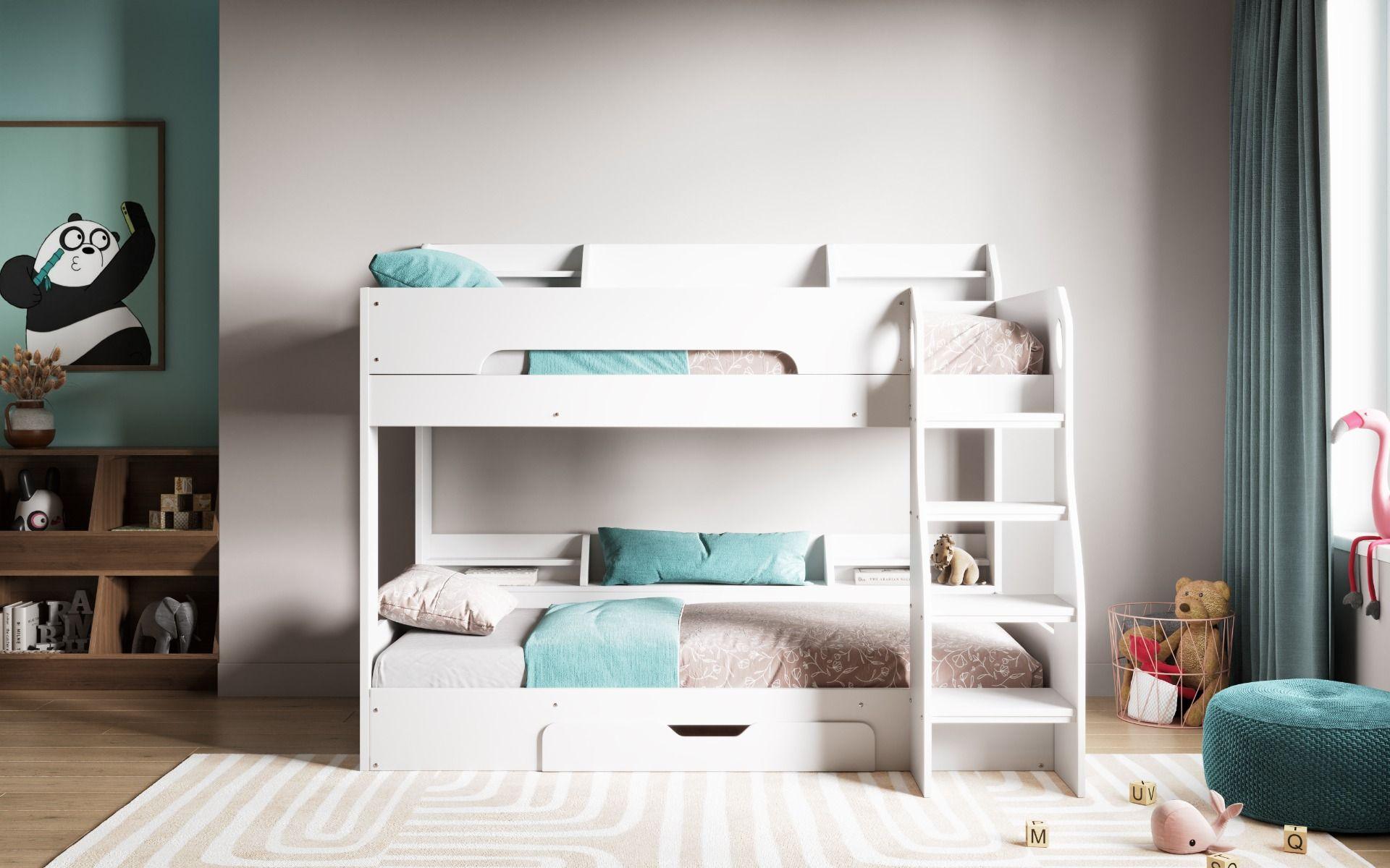 Flick Bunk Bed White with Shelves Storage Interior