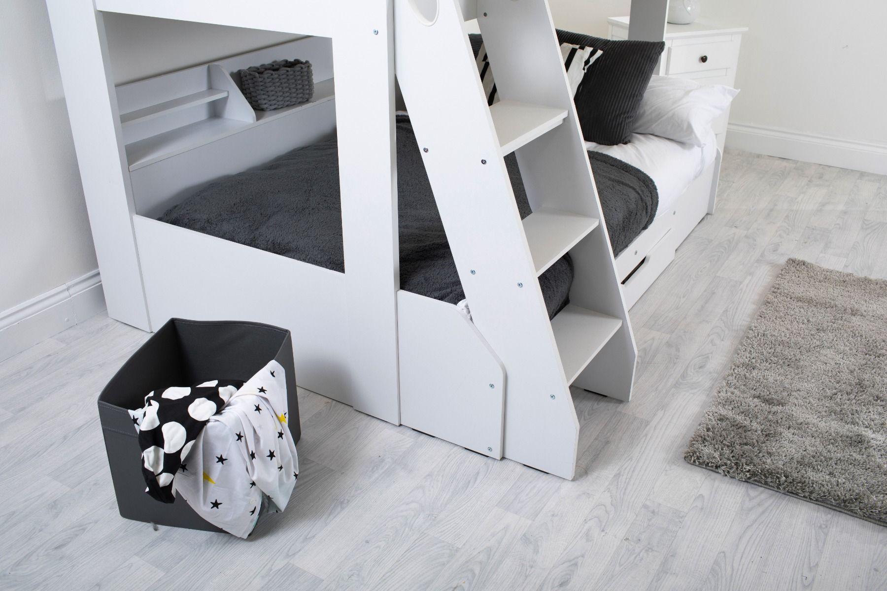 Triple Bunk Bed Frame with Storage Shelves White Bottom