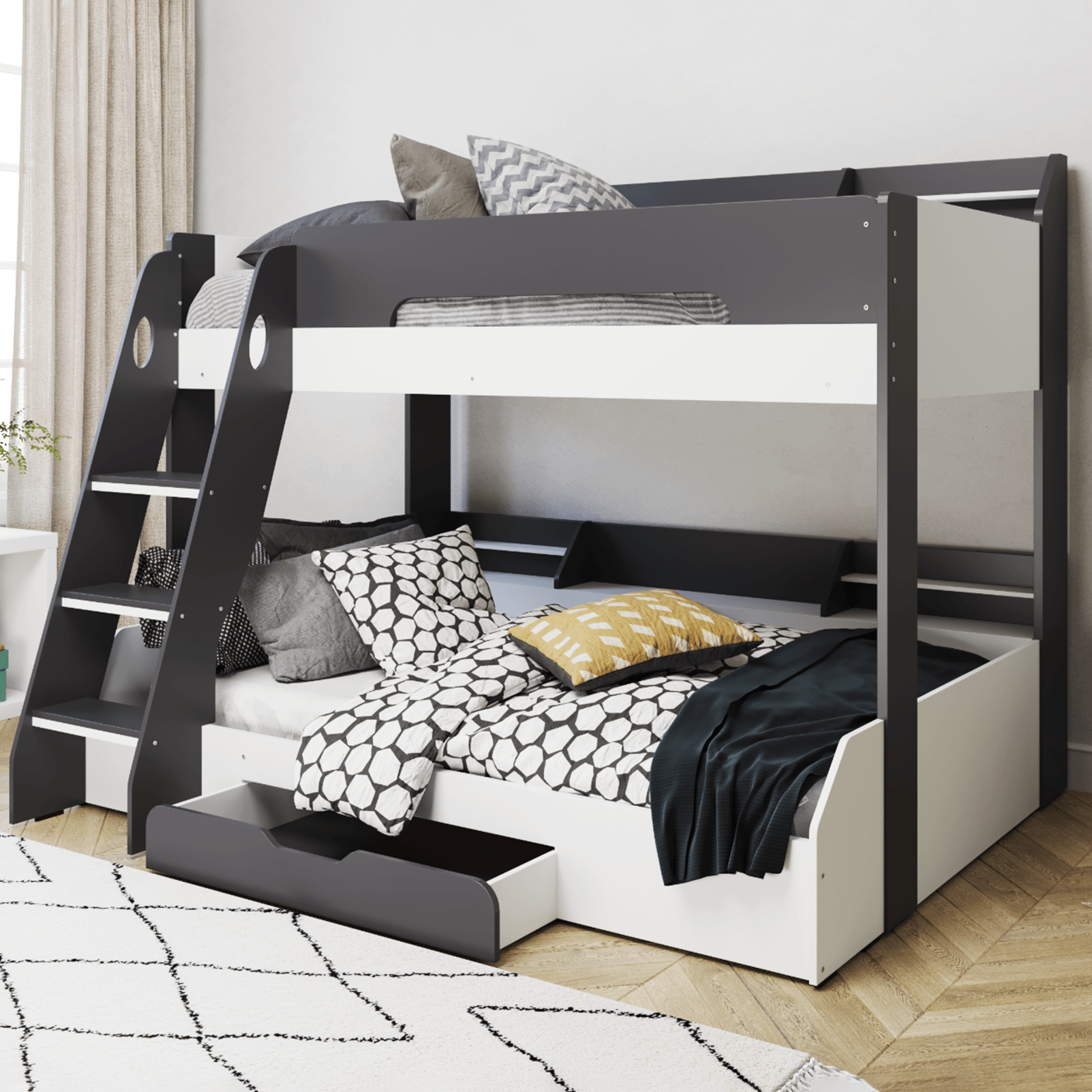 Flick Triple Bunk Bed Frame with Storage Shelves Under Bed Draw in Grey
