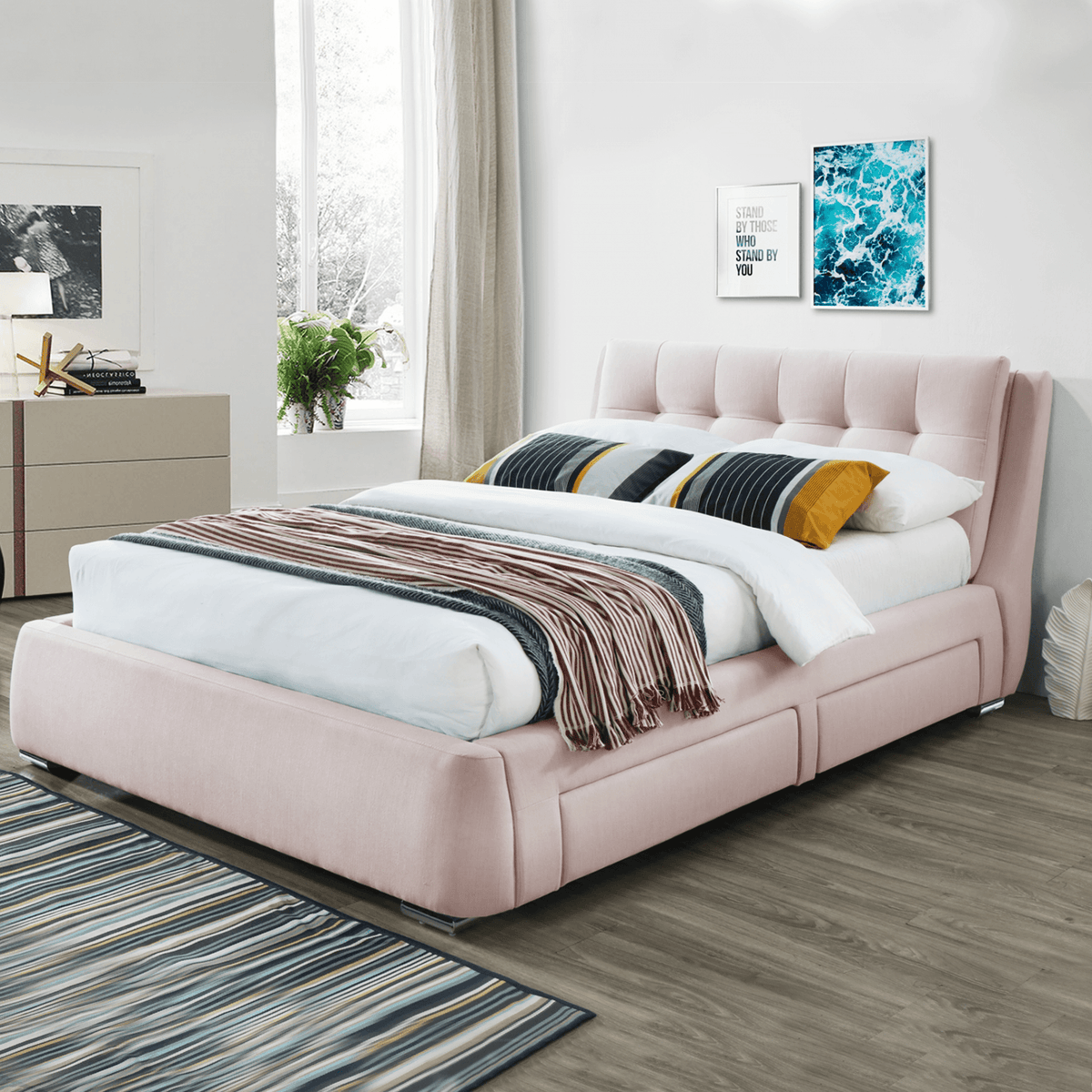 Pink Four Draws Side Fabric Double Bed 1
