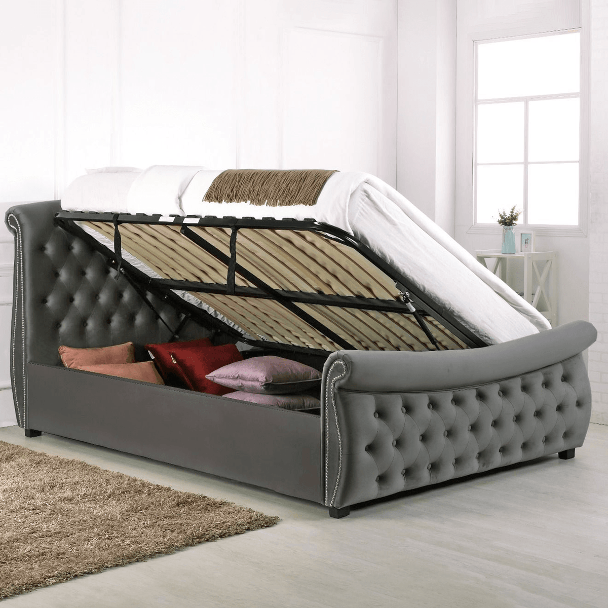 Lucinda Side Lift Ottoman Double Bed Frame Silver 4 6