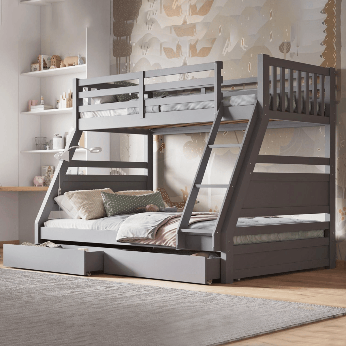 Ollie Triple Wood Bunk Bed Frame Storage Draws Grey